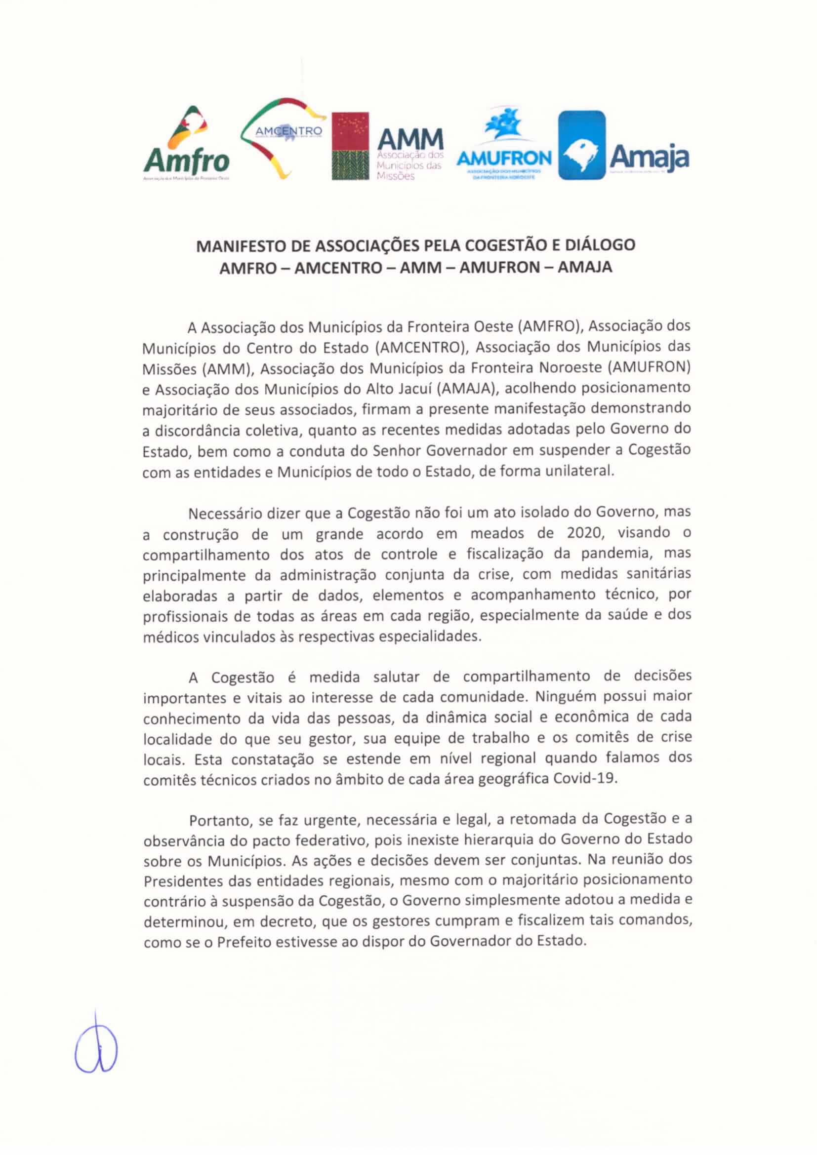 AMM, REPRESENTANDO PORTO XAVIER E TODOS OS MUNICÍPIOS DA REGIÃO, FAZ MANIFESTO CONJUNTO PELA COGESTÃO E DIÁLOGO